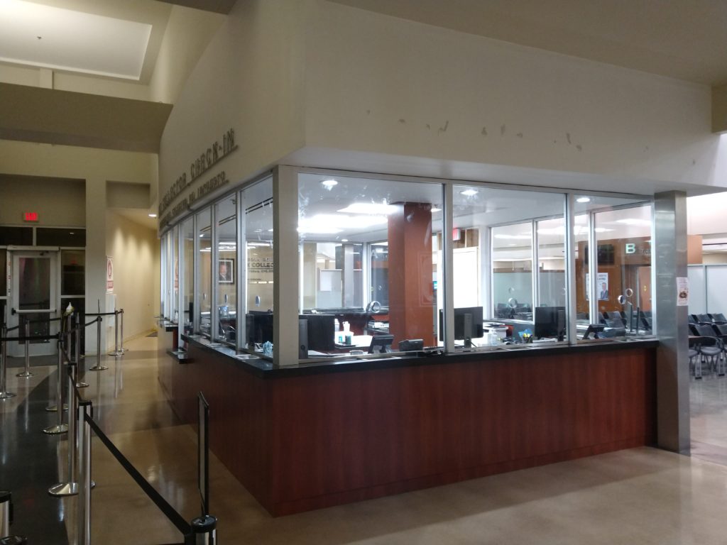 Orlando government building box office ballistic bullet-resistant glass enclosure.