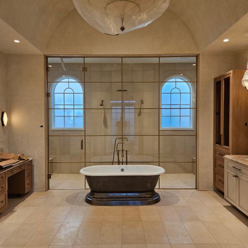 The custom master shower glass in this Golden Oak master bathroom really completed the space! Another fantastic project from Derrick Homes