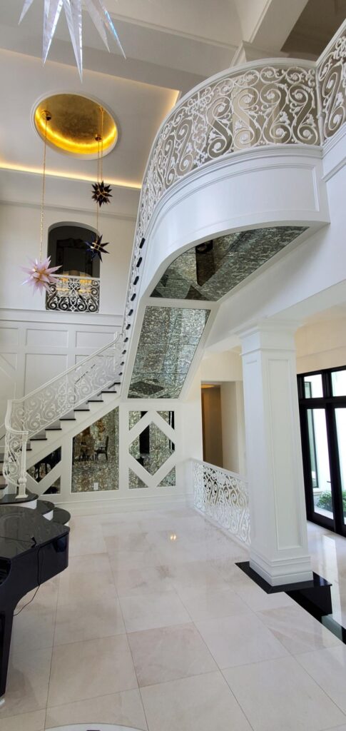 antiqued mirror for curved glass railing staircase Orlando